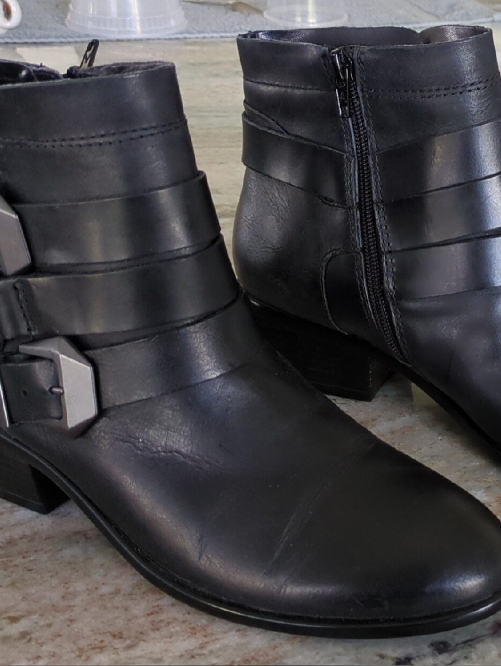 AEROSOLES Black Leather Ankle Boots with Buckle Straps